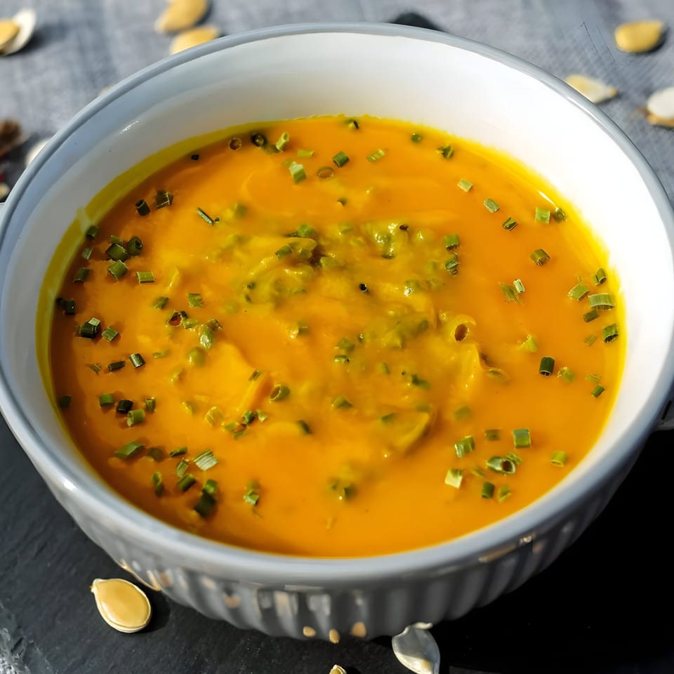 A bowl of vibrant orange Indian pumpkin soup, garnished with chopped green herbs and pumpkin seeds.