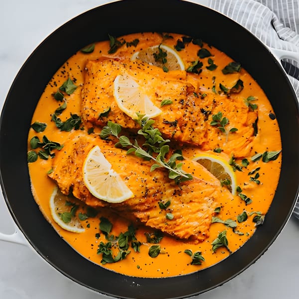 Two salmon fillets in a creamy orange sauce, garnished with lemon slices and fresh herbs.